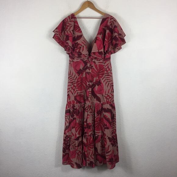 NWT Johanne Ortiz X H&M Maxi Dress XS Floral Eyelet Embroidered Ruffle Pink - Picture 15 of 16